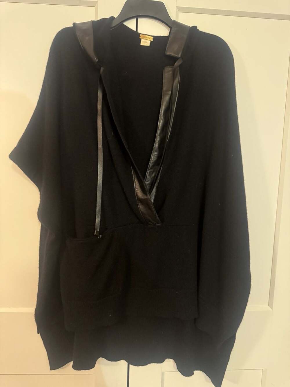 Zoe Couture Wool Cashmere Hooded Poncho with Leather Trim O/S